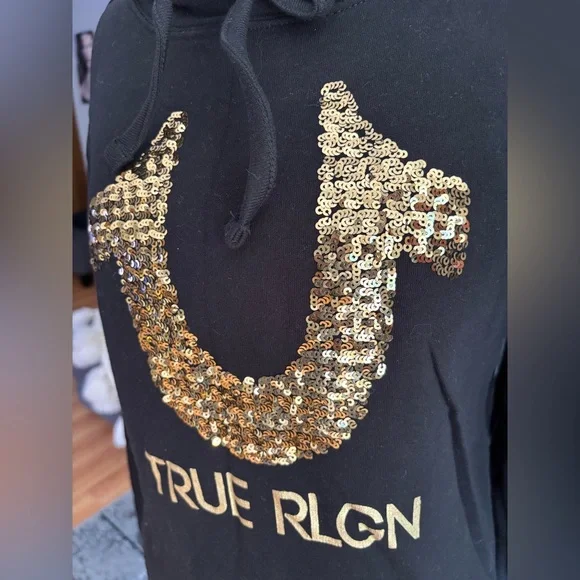 True Religion Black Hoodie Dress with Gold Sequin Horseshoe - Picture 5 of 6
